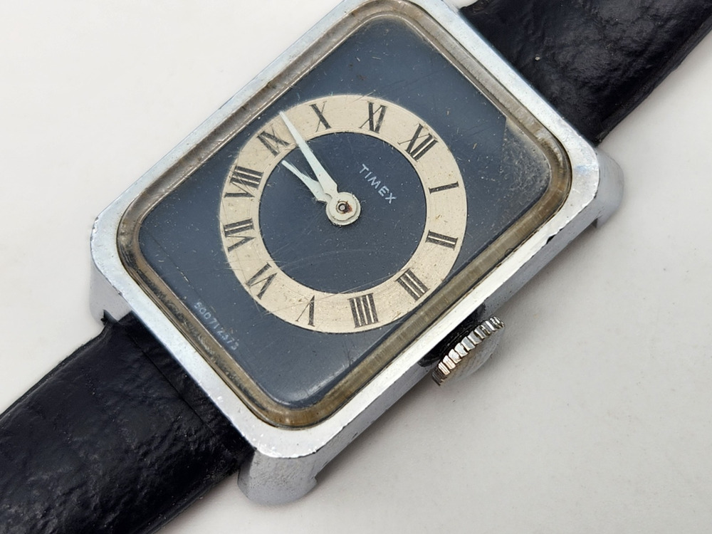 Vintage 1973 Timex Ladies Tank Watch Blue Roman Numeral Dial - Not Running